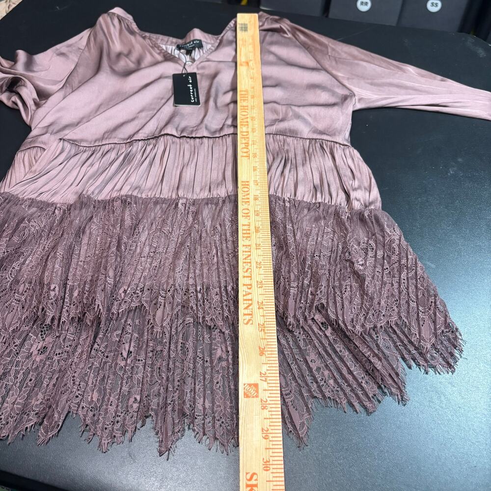 NWT Current Air Los Angeles M Blouse Mauve Pleated Lace Hem Boho Romantic - Picture 6 of 8